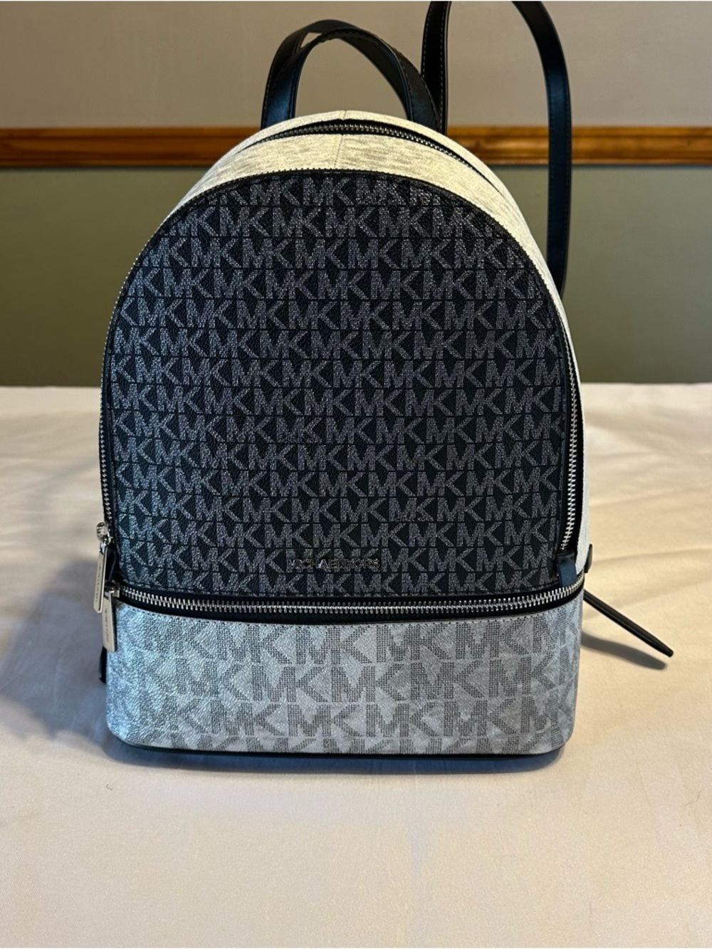 Michael Kors Two-Tone MK Signature Mini Backpack - Black & Light Gray & white.